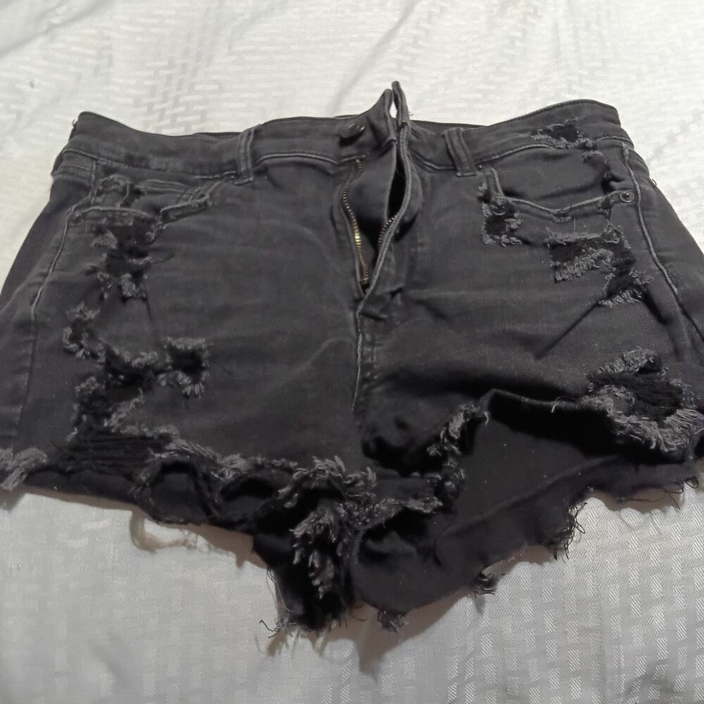 American Eagle Black Distressed Cut Off Frayed/ Ripped Black Jean Shorts 12